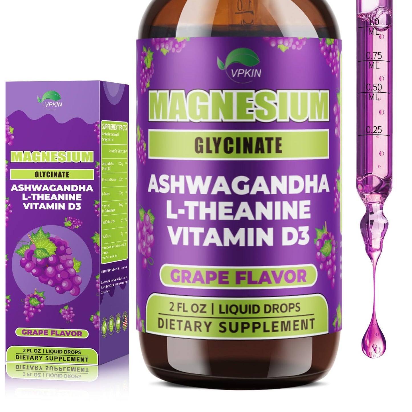 VPKIN Magnesium Liquid with Ashwagandha & L-Theanine – Sleep & Immune Support (Grape, 2 oz)