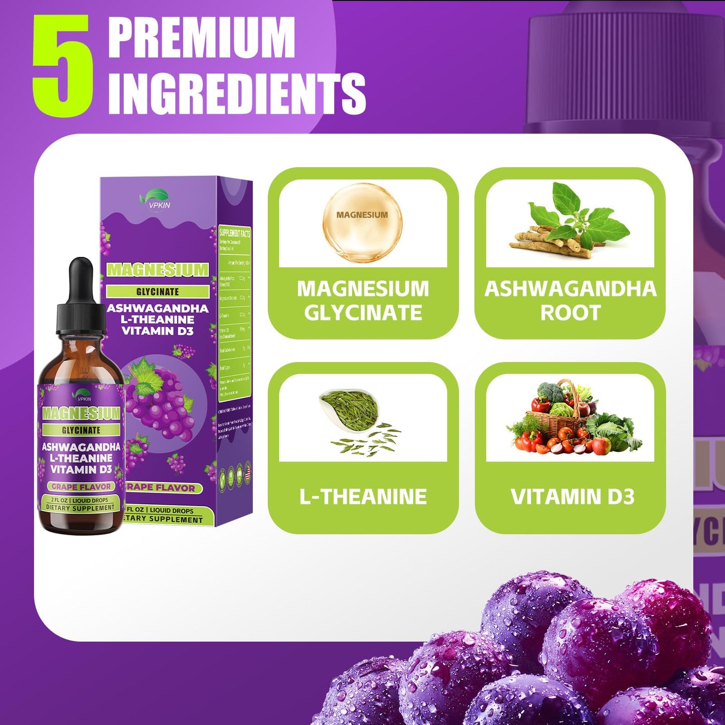 VPKIN Magnesium Liquid with Ashwagandha & L-Theanine – Sleep & Immune Support (Grape, 2 oz)
