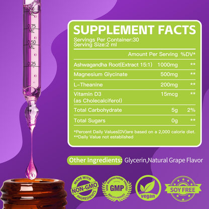 VPKIN Magnesium Liquid with Ashwagandha & L-Theanine – Sleep & Immune Support (Grape, 2 oz)