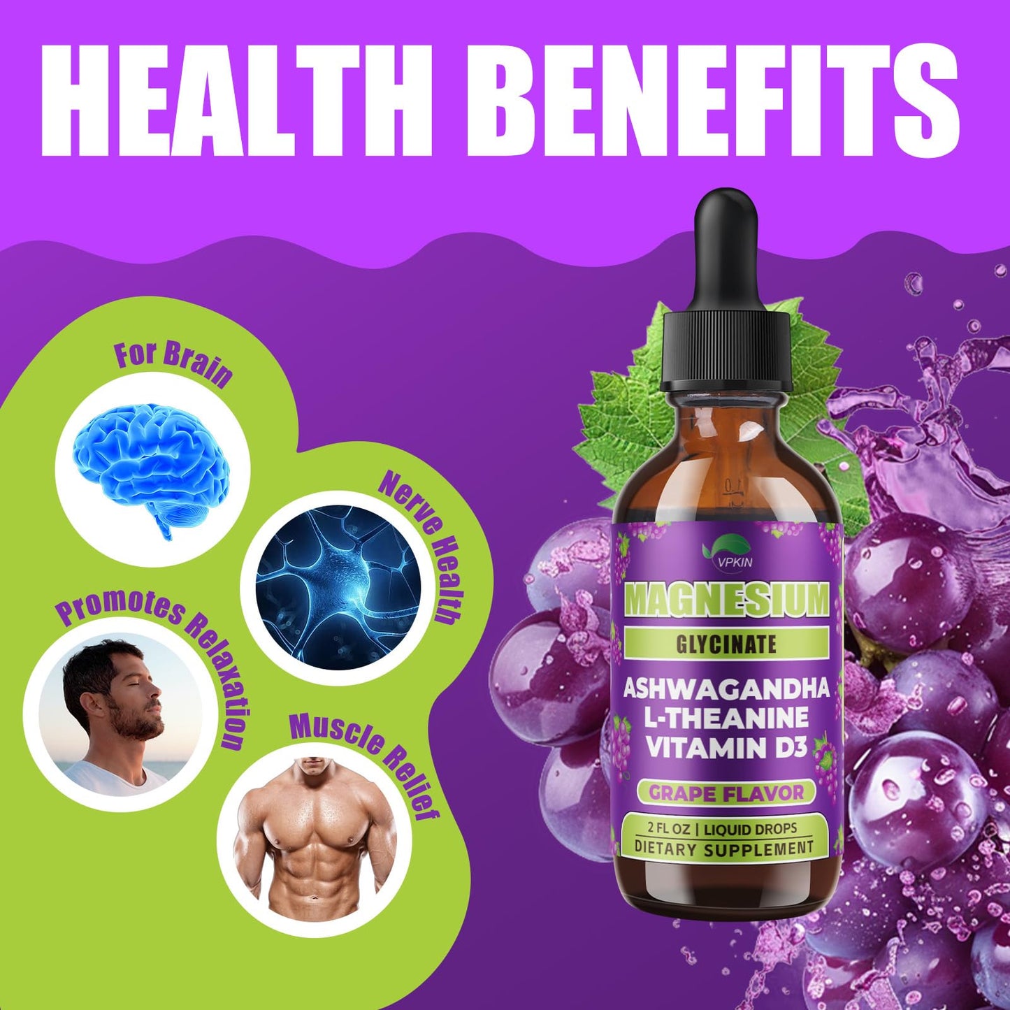 VPKIN Magnesium Liquid with Ashwagandha & L-Theanine – Sleep & Immune Support (Grape, 2 oz)