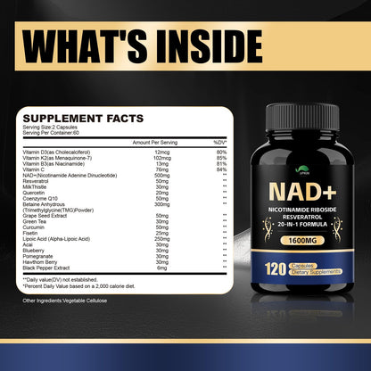 VPKIN NAD Supplement 1500mg NAD+ with Resveratrol, Nicotinamide, Quercetin & CoQ10 – 120 Vegan Capsules (Non-GMO)