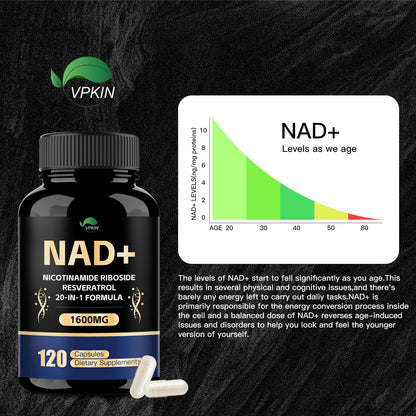 VPKIN NAD Supplement 1500mg NAD+ with Resveratrol, Nicotinamide, Quercetin & CoQ10 – 120 Vegan Capsules (Non-GMO)