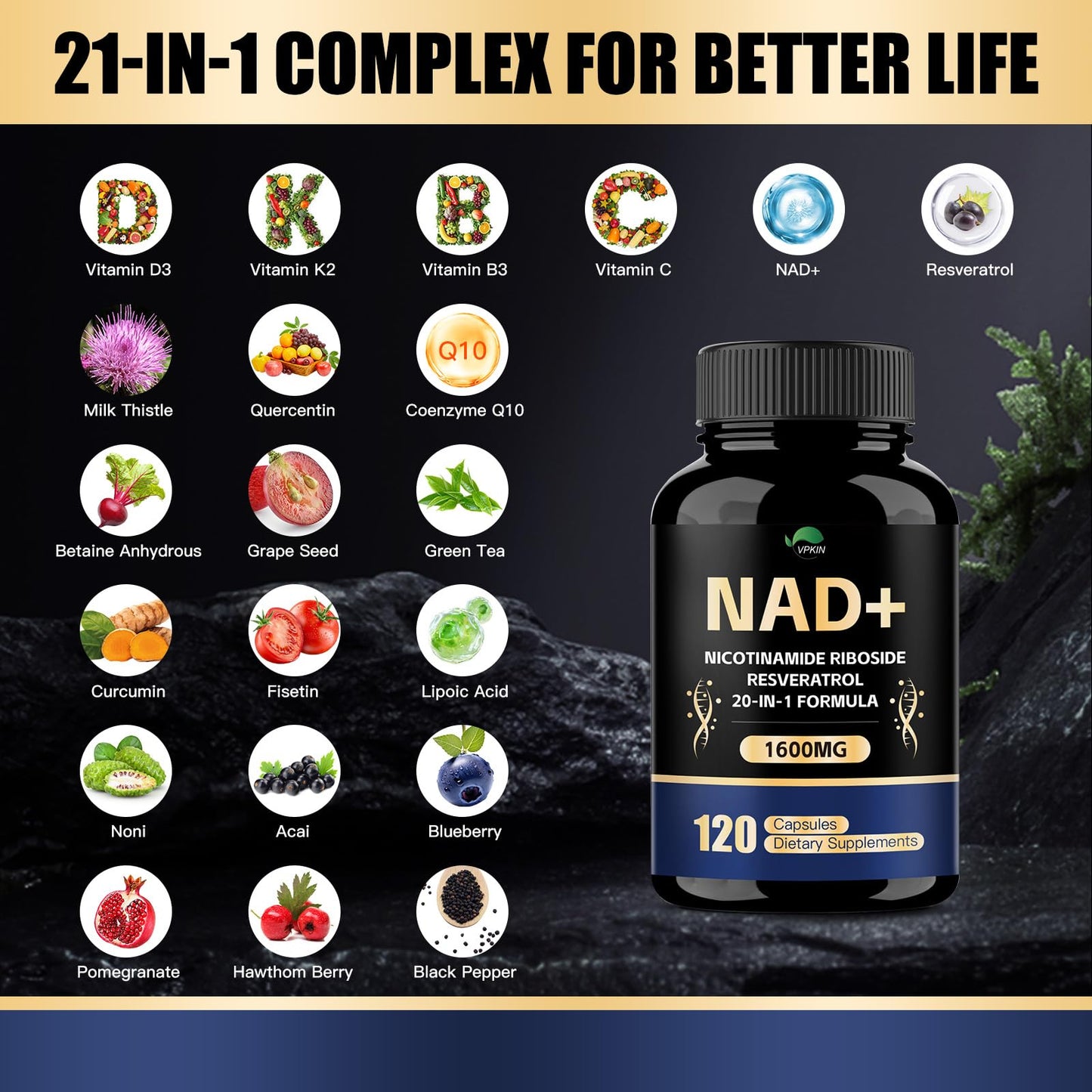 VPKIN NAD Supplement 1500mg NAD+ with Resveratrol, Nicotinamide, Quercetin & CoQ10 – 120 Vegan Capsules (Non-GMO)
