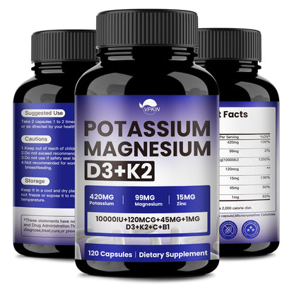 VPKIN Potassium Magnesium Zinc & D3 K2 Supplement – 120 Vegan Capsules, Immune & Energy Support