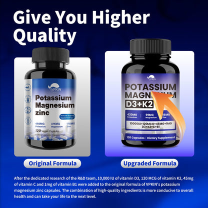 VPKIN Potassium Magnesium Zinc & D3 K2 Supplement – 120 Vegan Capsules, Immune & Energy Support