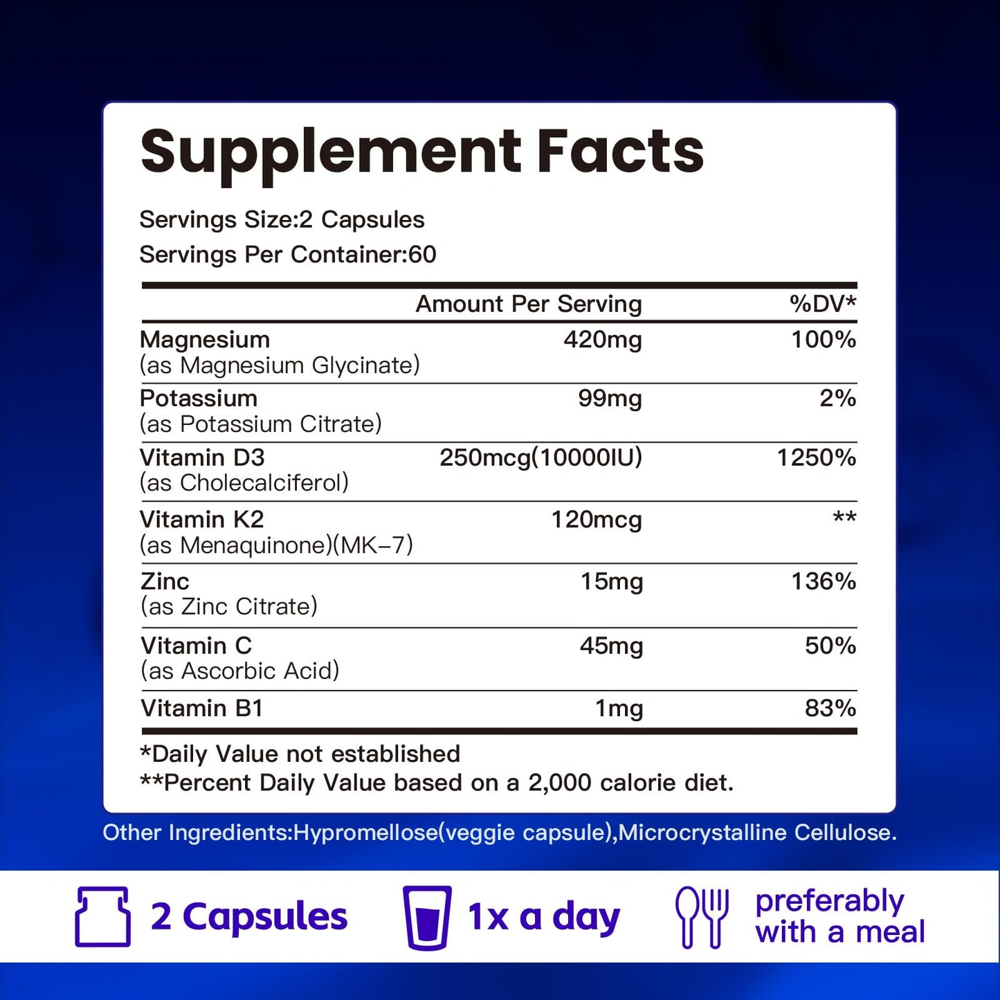 VPKIN Potassium Magnesium Zinc & D3 K2 Supplement – 120 Vegan Capsules, Immune & Energy Support