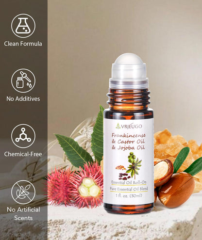 VRJEUGO Organic Frankincense, Castor & Jojoba Oil Roll-On – 30ml | Pure Essential Oil Blend for Face & Body
