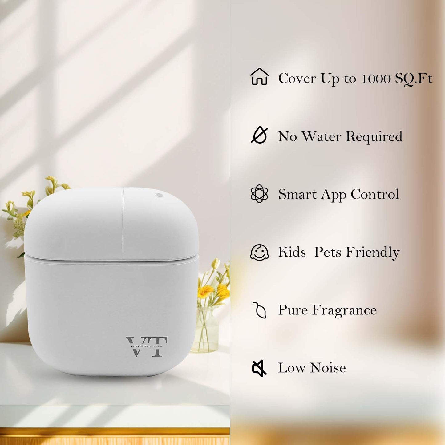 Waterless Oil Diffuser by VT VERYSCENT TECH – 2000 sq ft, Bluetooth App, White