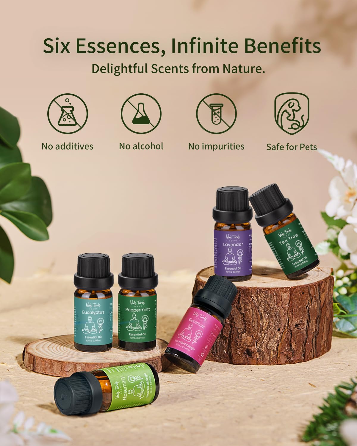 VTS Essential Oils Set (6x10ml) - Lavender, Peppermint, Eucalyptus, Tea Tree, Geranium, Rosemary
