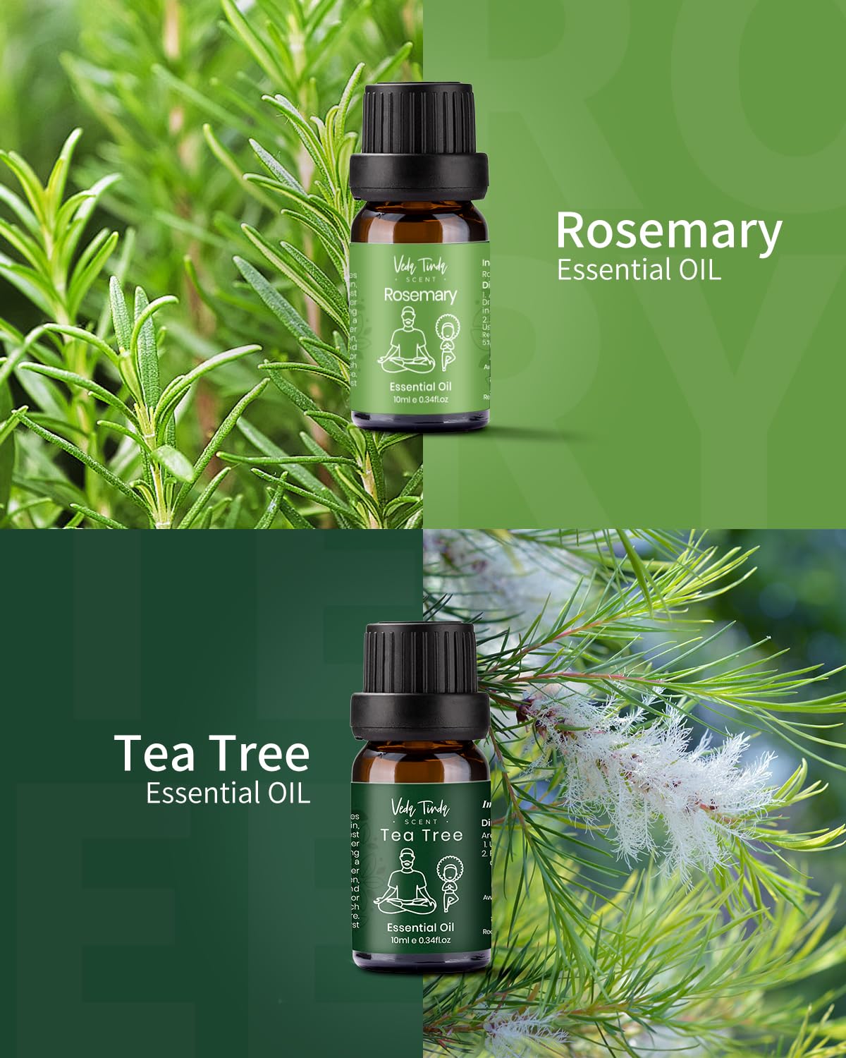 VTS Essential Oils Set (6x10ml) - Lavender, Peppermint, Eucalyptus, Tea Tree, Geranium, Rosemary