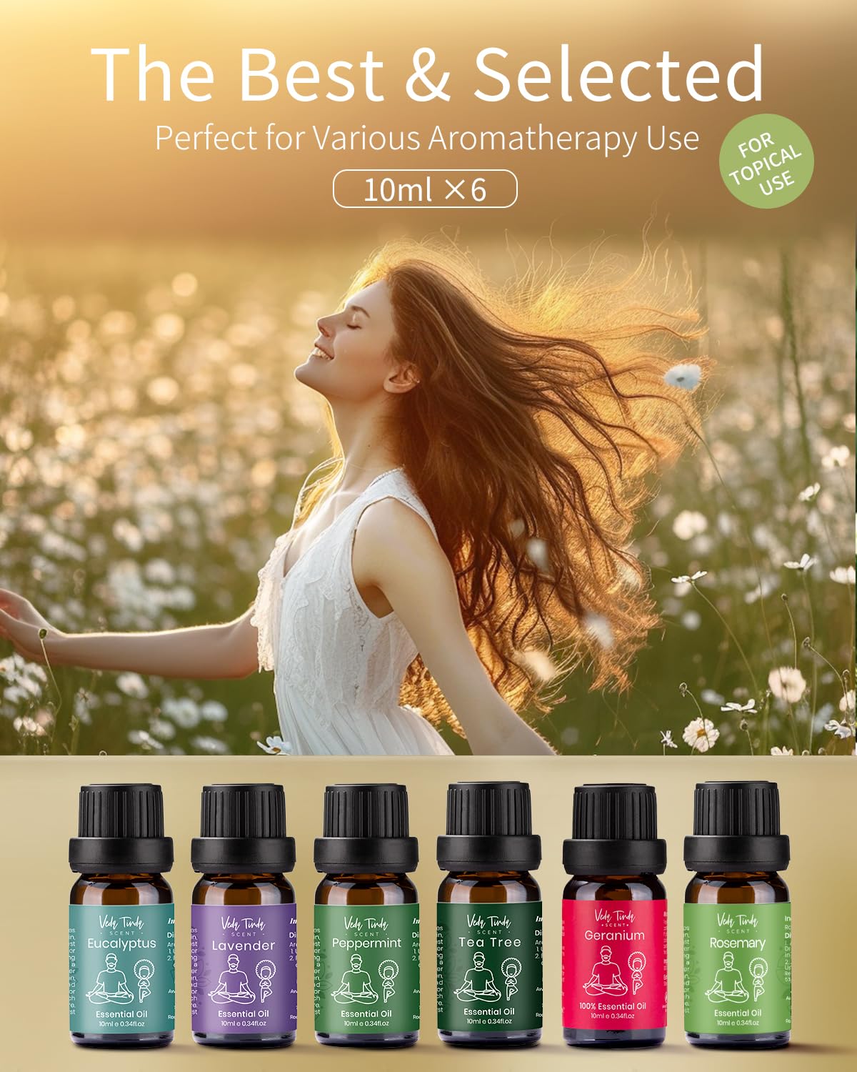 VTS Essential Oils Set (6x10ml) - Lavender, Peppermint, Eucalyptus, Tea Tree, Geranium, Rosemary