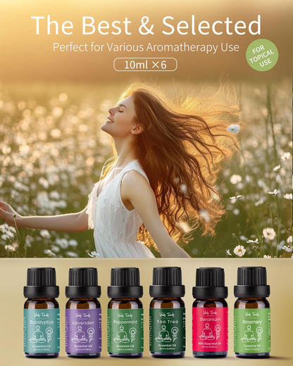 VTS Essential Oils Set (6x10ml) - Lavender, Peppermint, Eucalyptus, Tea Tree, Geranium, Rosemary