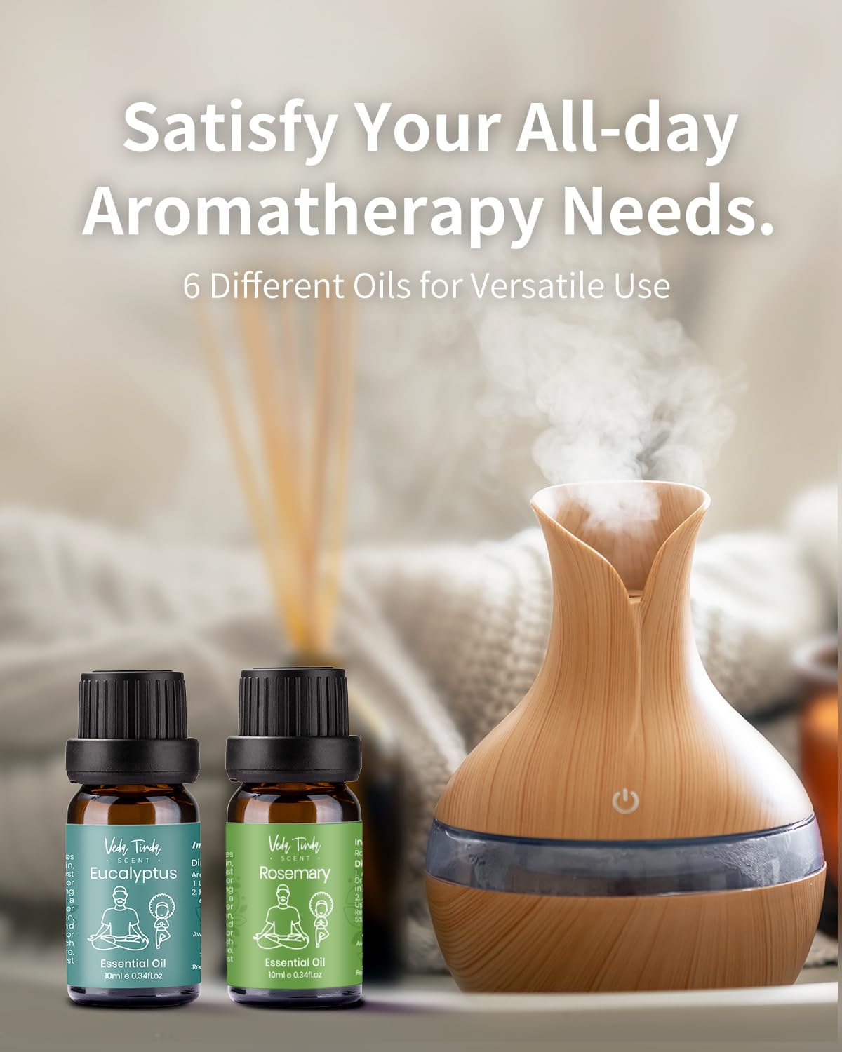 VTS Essential Oils Set (6x10ml) - Lavender, Peppermint, Eucalyptus, Tea Tree, Geranium, Rosemary