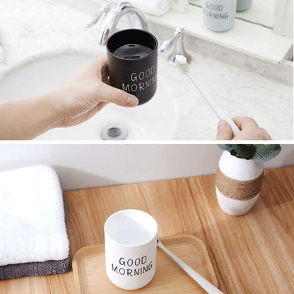 VUULDOO Minimalist Mouthwash Cup 300ml - Black & White, Good Morning Design