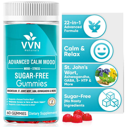 VVN Naturals Sugar Free 22-in-1 Calm Mood Gummies - Stress & Mood Support | 60 Count | Vegan
