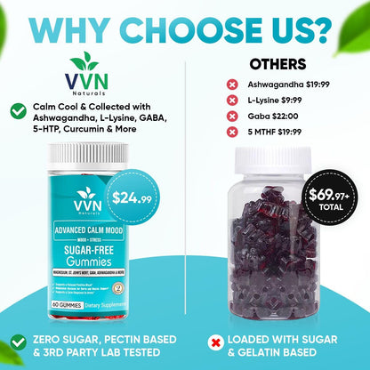 VVN Naturals Sugar Free 22-in-1 Calm Mood Gummies - Stress & Mood Support | 60 Count | Vegan