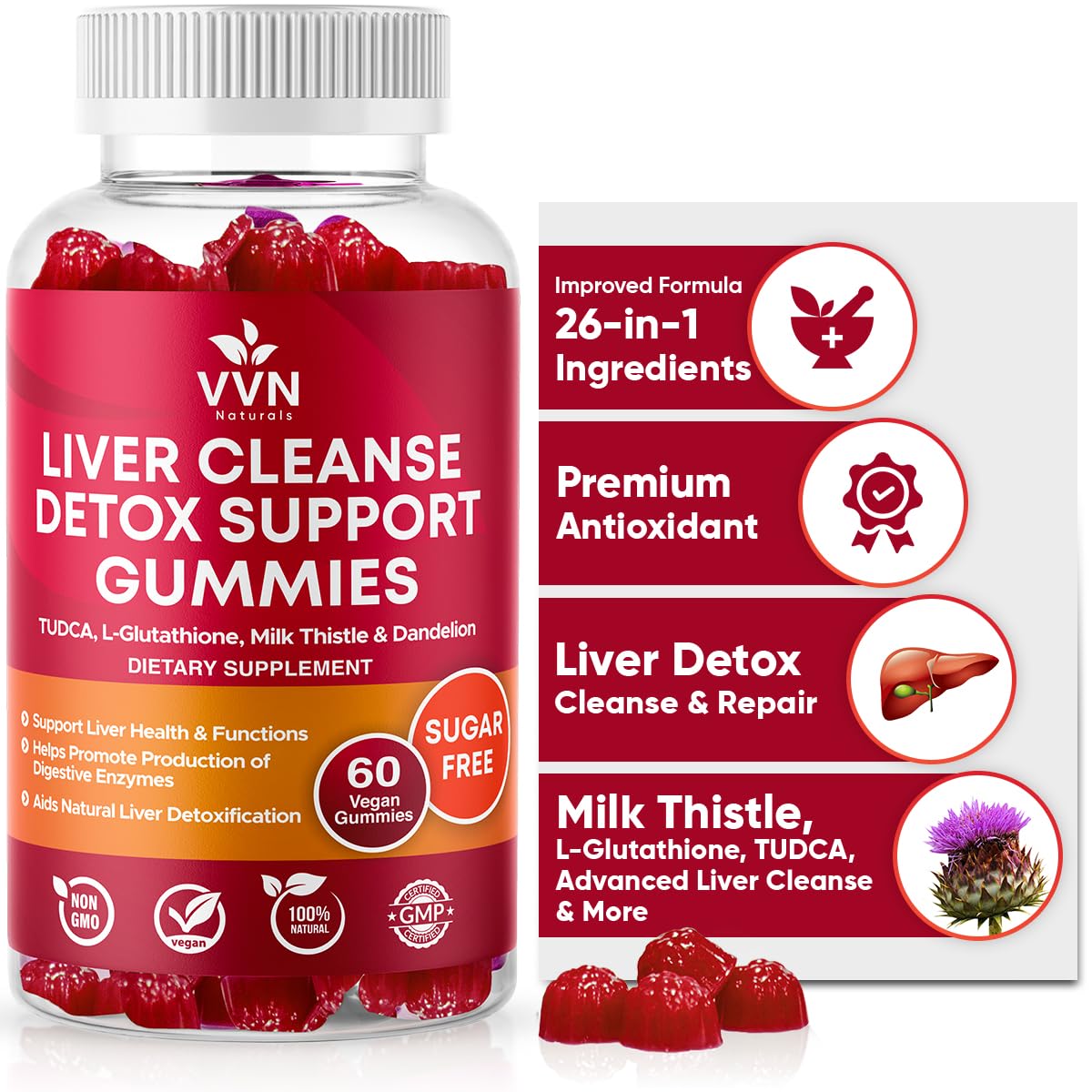 VVNaturals Sugar-Free 26-in-1 Liver Detox Gummies | Fatty Liver Repair - 60 Vegan Count