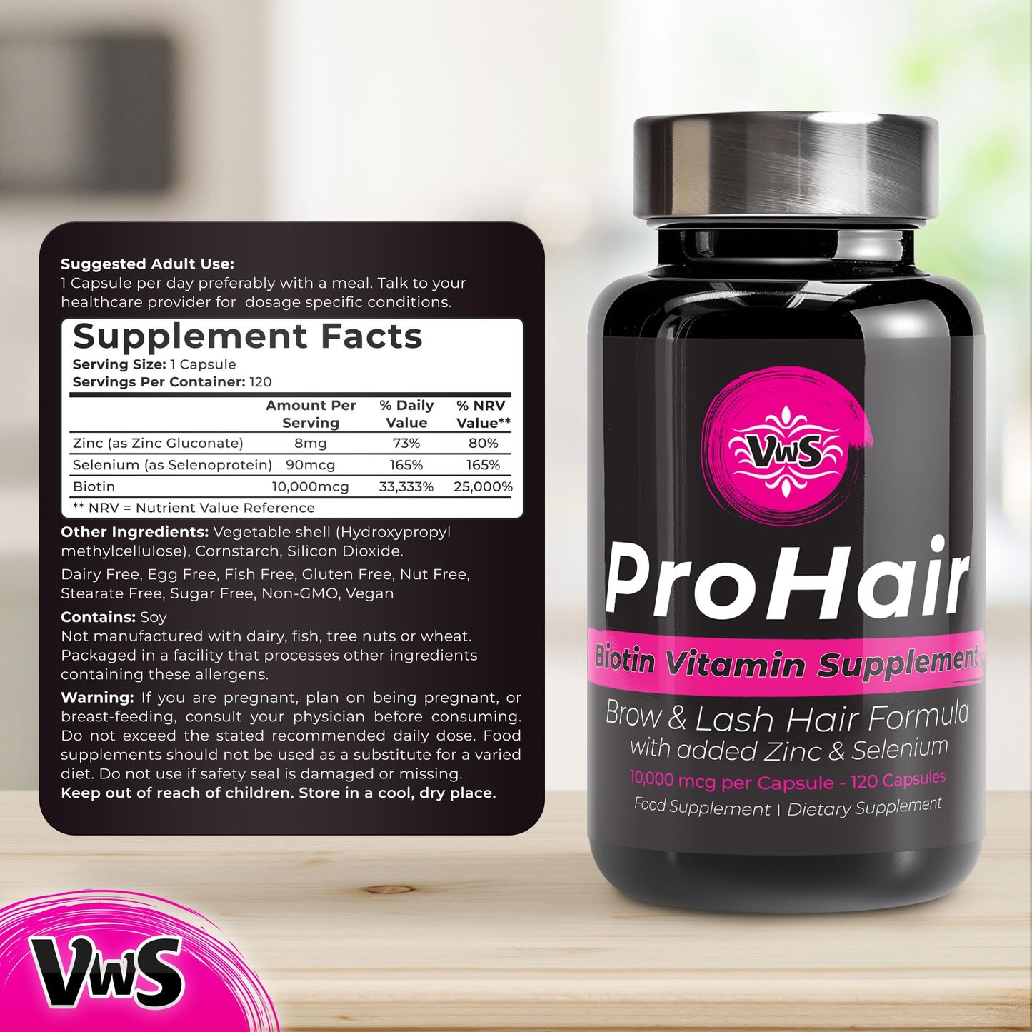 VWS Biotin 10,000 mcg with Zinc & Selenium - Hair, Nails & Skin - 120 Vegan Capsules