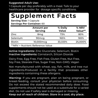VWS Biotin 10,000 mcg with Zinc & Selenium – Hair, Nails & Skin (60 Vegan Capsules)
