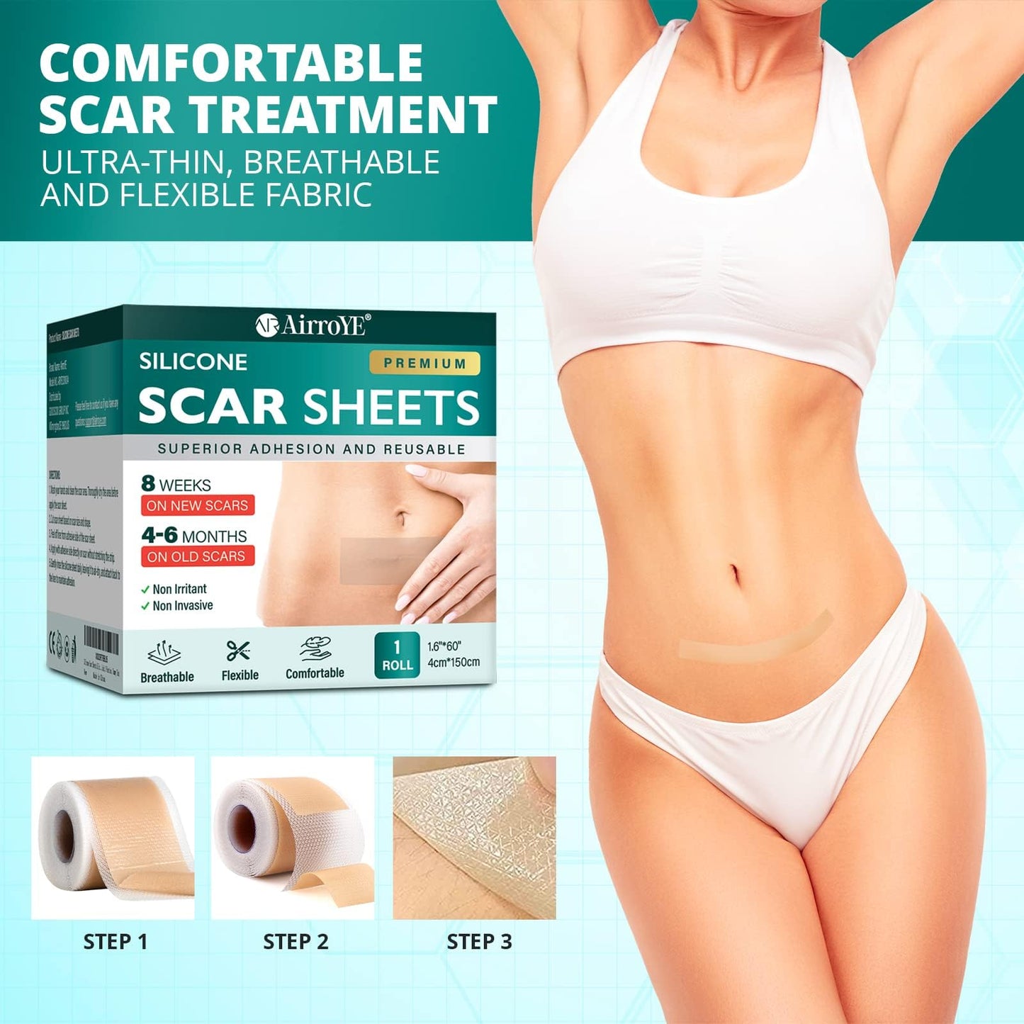 Vxoyo Silicone Scar Sheets — Reusable 1.6x60 Roll for Scar Care (Surgical, Keloid, Burns)