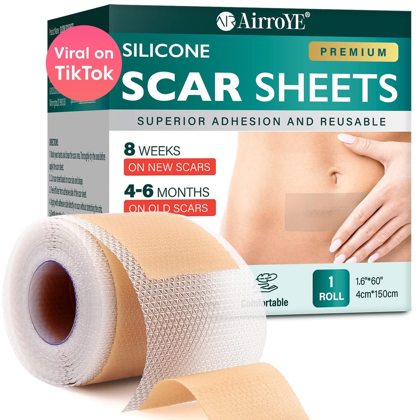 Vxoyo Silicone Scar Sheets — Reusable 1.6x60 Roll for Scar Care (Surgical, Keloid, Burns)