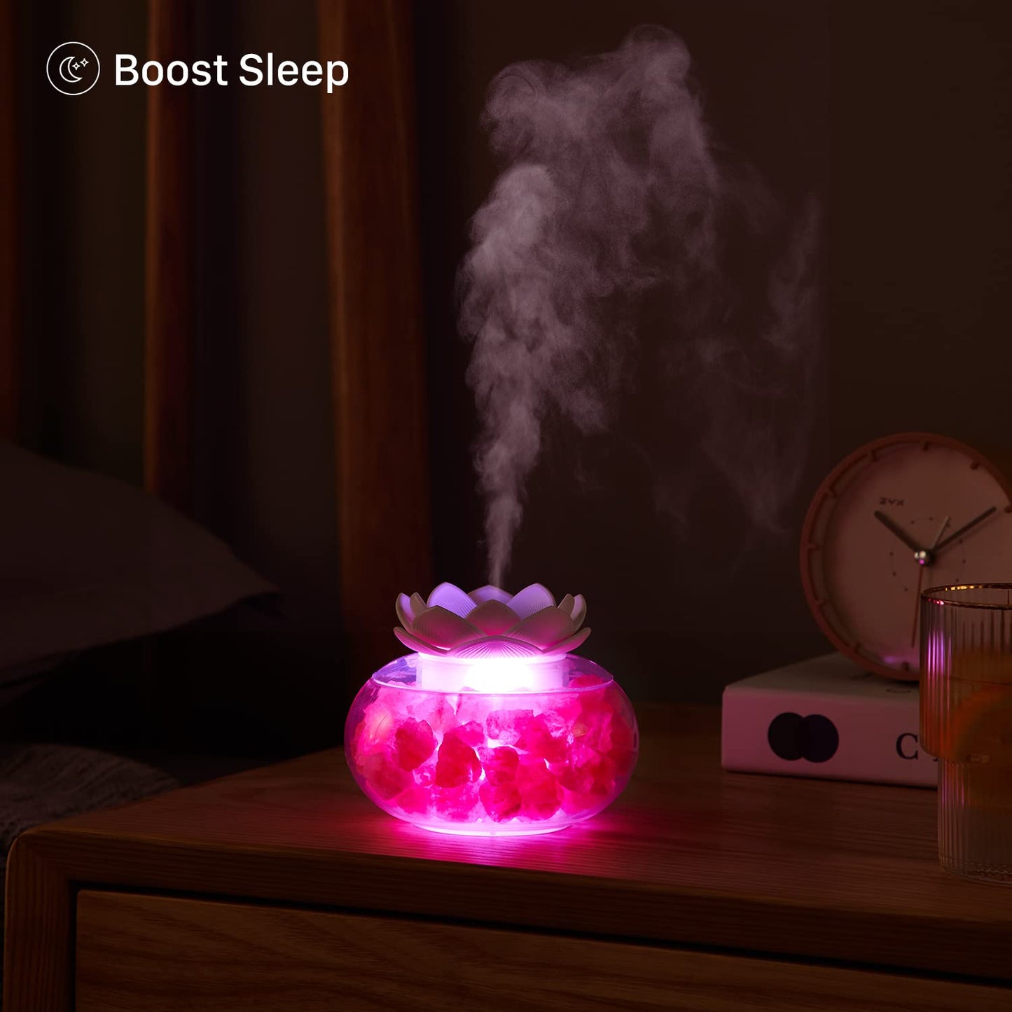 Essential Oil Diffuser with Himalayan Salt Lamp – Vyaime Pink Crystal Lotus LED Night Light (V1103) with Auto Shut-Off