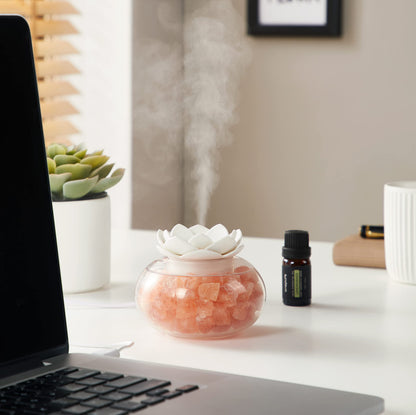 Essential Oil Diffuser with Himalayan Salt Lamp – Vyaime Pink Crystal Lotus LED Night Light (V1103) with Auto Shut-Off
