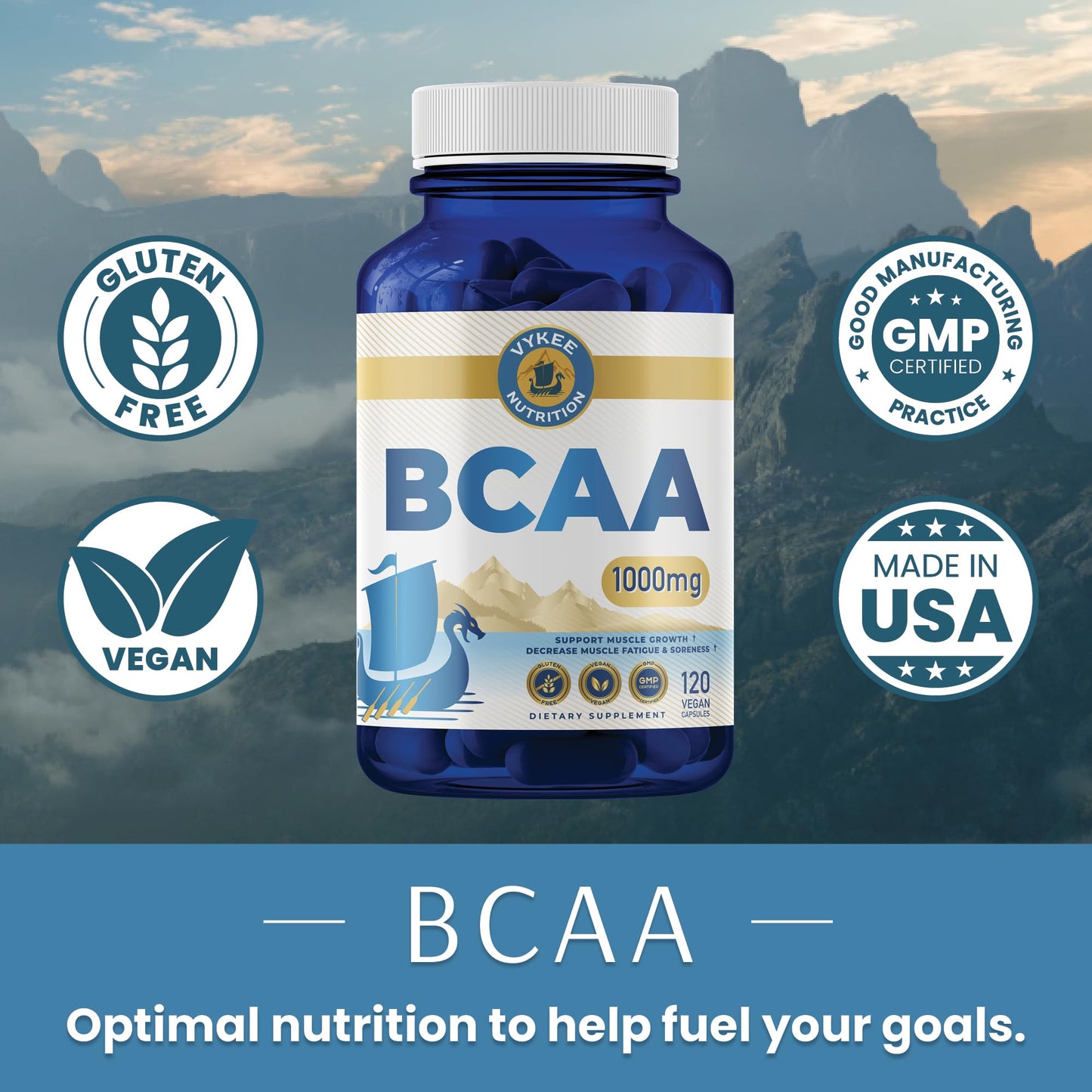 Vykee Nutrition BCAA Capsules – 1000mg BCAAs (2:1:1) | Vegan, Non-GMO | 120 Capsules