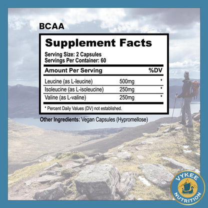 Vykee Nutrition BCAA Capsules – 1000mg BCAAs (2:1:1) | Vegan, Non-GMO | 120 Capsules