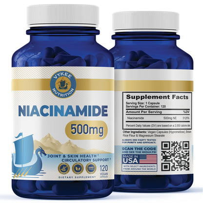 Vykee Nutrition Niacinamide Capsules – 500mg High-Potency Vitamin B3 | Vegan, Non-GMO | Supports Energy Metabolism, Skin Health & Cellular Repair | 120 Capsules