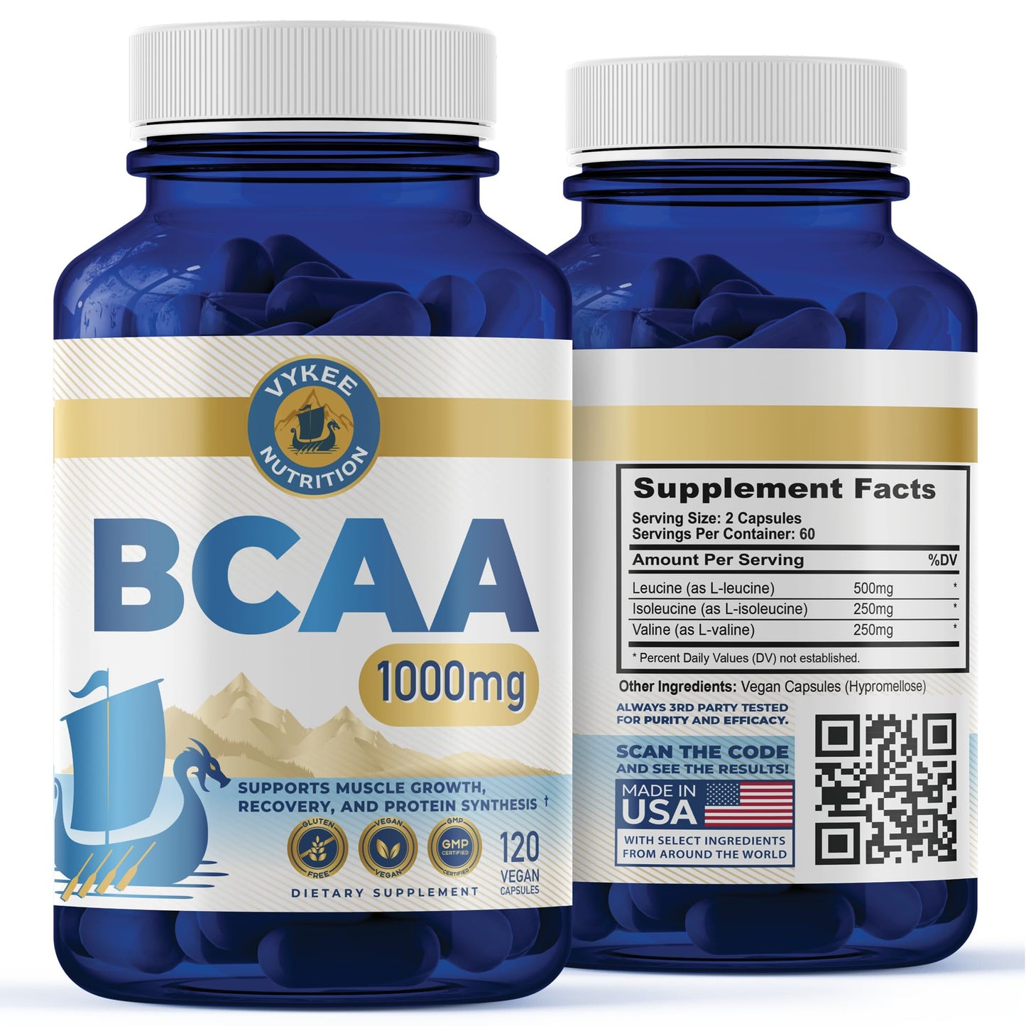 Vykee Nutrition BCAA Capsules – 1000mg BCAAs (2:1:1) | Vegan, Non-GMO | 120 Capsules