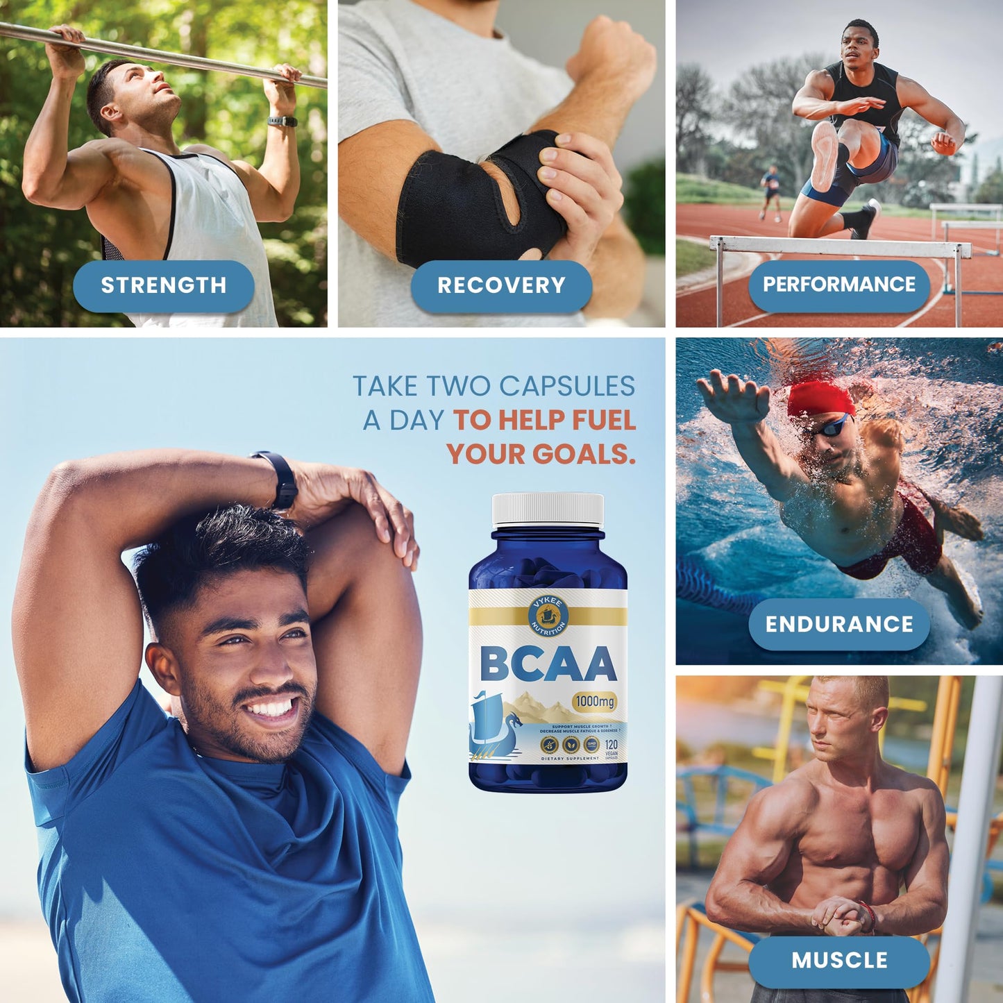 Vykee Nutrition BCAA Capsules – 1000mg BCAAs (2:1:1) | Vegan, Non-GMO | 120 Capsules
