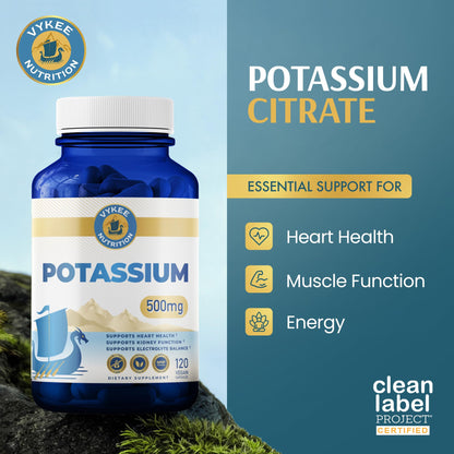 Vykee Nutrition Potassium Citrate Capsules - 500 mg, 120 Count | Vegan, Non-GMO, Gluten Free