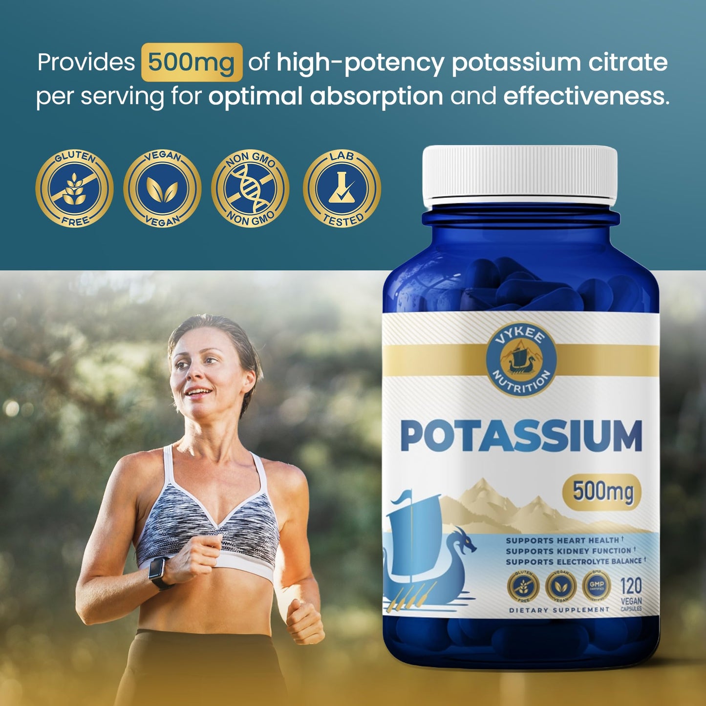 Vykee Nutrition Potassium Citrate Capsules - 500 mg, 120 Count | Vegan, Non-GMO, Gluten Free