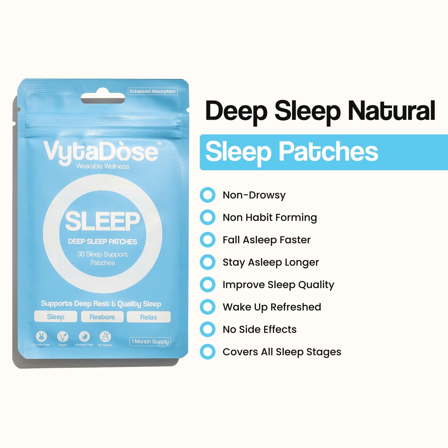 Vytadose Melatonin-Free Herbal Sleep Patches – 8-Hour Time-Release (Adults & Kids)