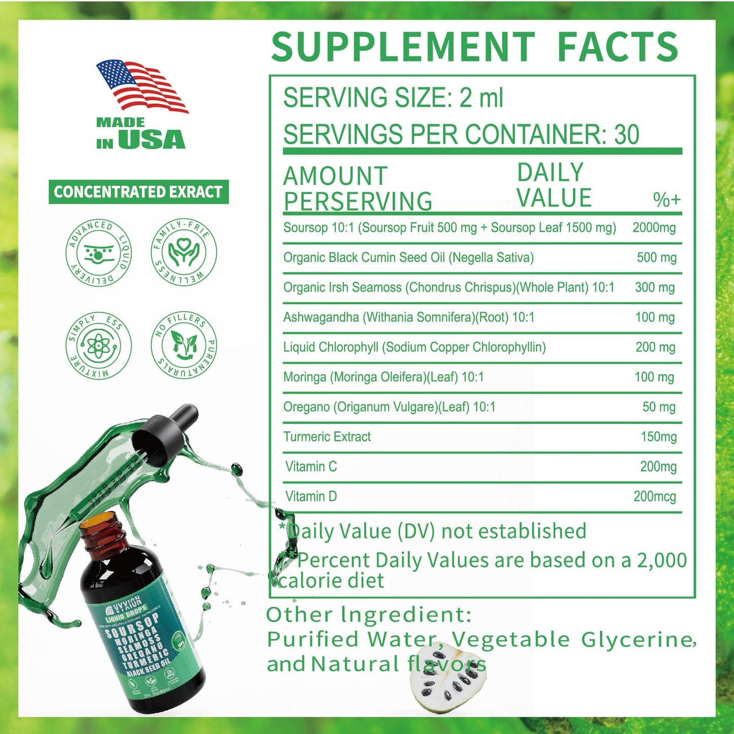 Soursop Bitters Liquid Drops 10-in-1 – Sea Moss, Moringa, Turmeric, Ashwagandha | 2 Fl Oz | Vegan, Non-GMO