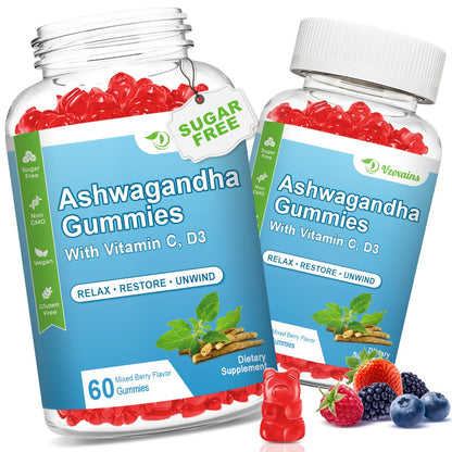 VZOXAINS 2 Pack Ashwagandha Gummies – 1000mg, Vitamin D & C | Vegan