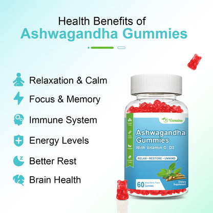 VZOXAINS 2 Pack Ashwagandha Gummies – 1000mg, Vitamin D & C | Vegan