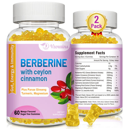 VZOXAINS Berberine with Ceylon Cinnamon Gummies – High Potency Berberine HCl, Immune Health Support, 120 Mango Gummies