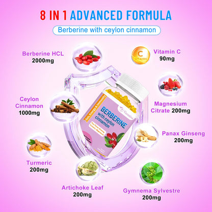 VZOXAINS Berberine with Ceylon Cinnamon Gummies – High Potency Berberine HCl, Immune Health Support, 120 Mango Gummies