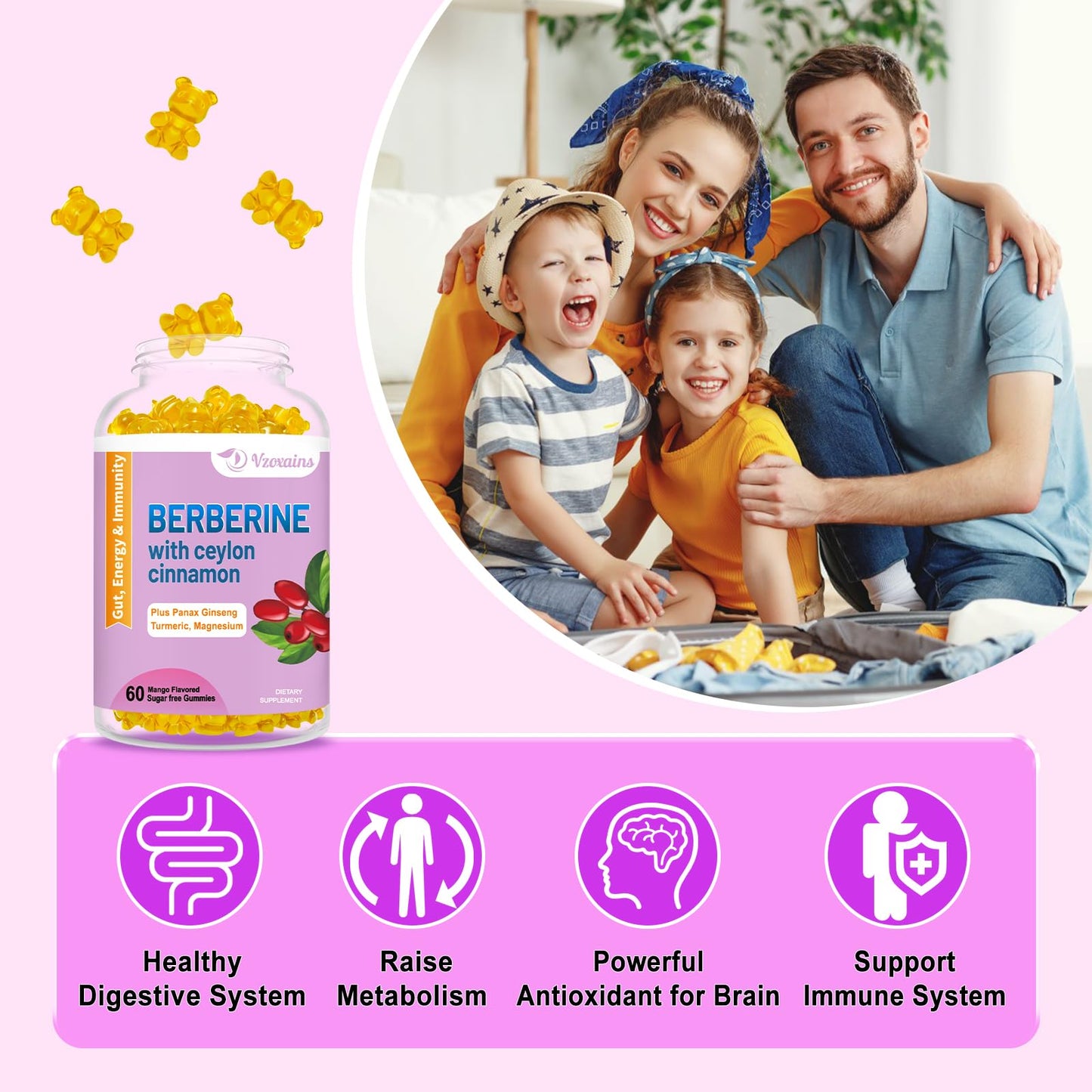 VZOXAINS Berberine with Ceylon Cinnamon Gummies – High Potency Berberine HCl, Immune Health Support, 120 Mango Gummies