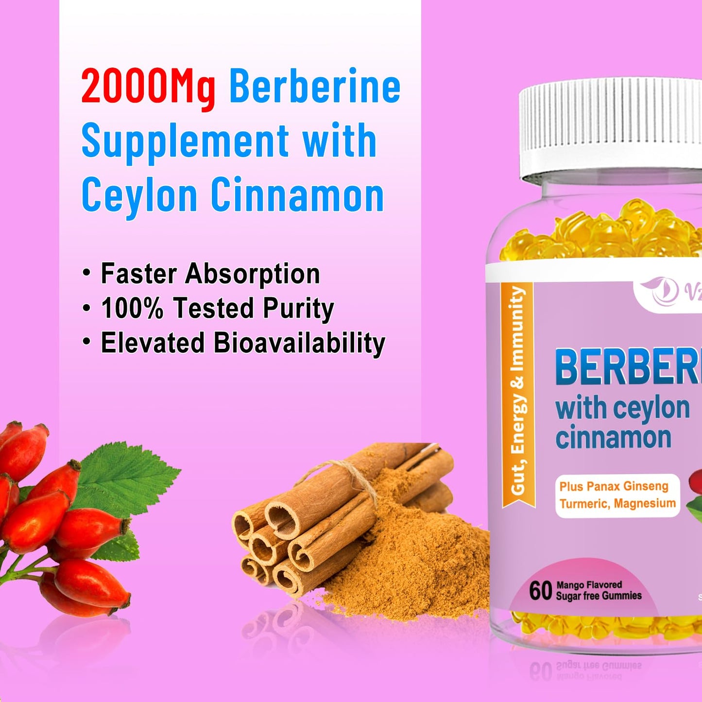 VZOXAINS Berberine with Ceylon Cinnamon Gummies – High Potency Berberine HCl, Immune Health Support, 120 Mango Gummies