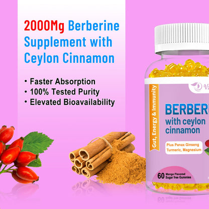 VZOXAINS Berberine with Ceylon Cinnamon Gummies – High Potency Berberine HCl, Immune Health Support, 120 Mango Gummies