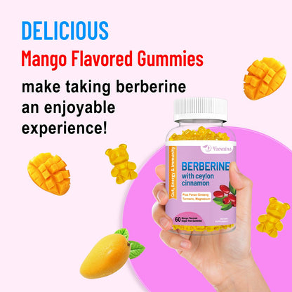 VZOXAINS Berberine with Ceylon Cinnamon Gummies – High Potency Berberine HCl, Immune Health Support, 120 Mango Gummies
