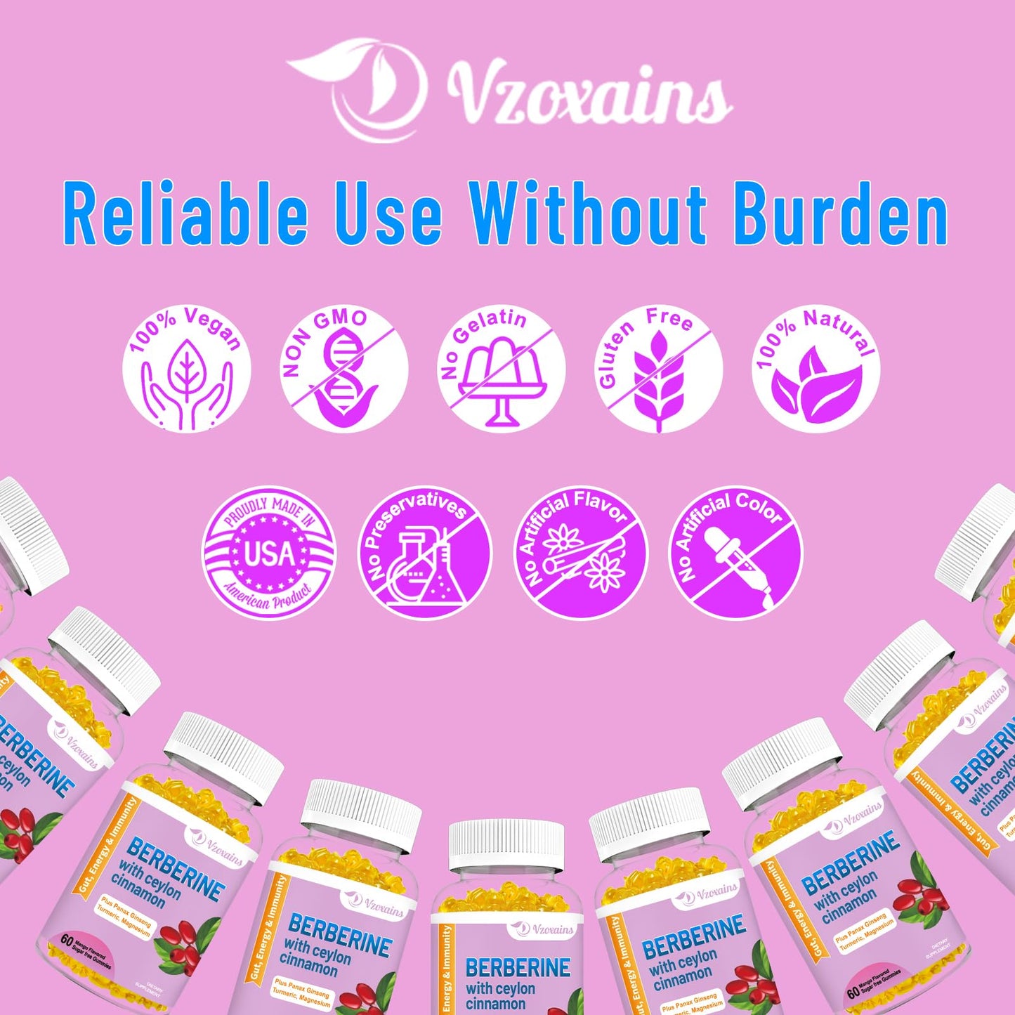 VZOXAINS Berberine with Ceylon Cinnamon Gummies – High Potency Berberine HCl, Immune Health Support, 120 Mango Gummies