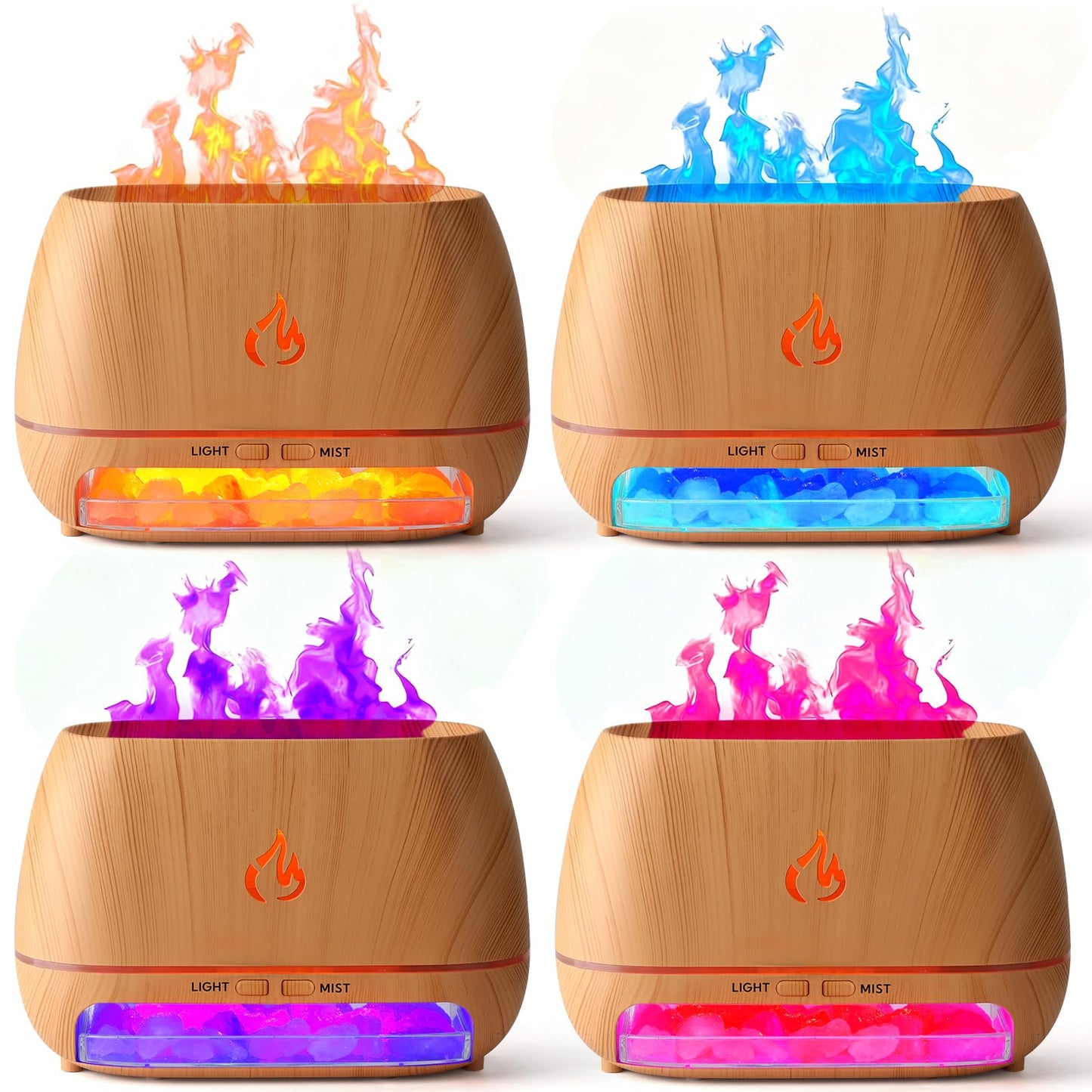VZZNN 4 Pack Essential Oil Diffuser with Flame LED Lights | 200ml Ultrasonic Diffuser + Himalayan Salt Lamp