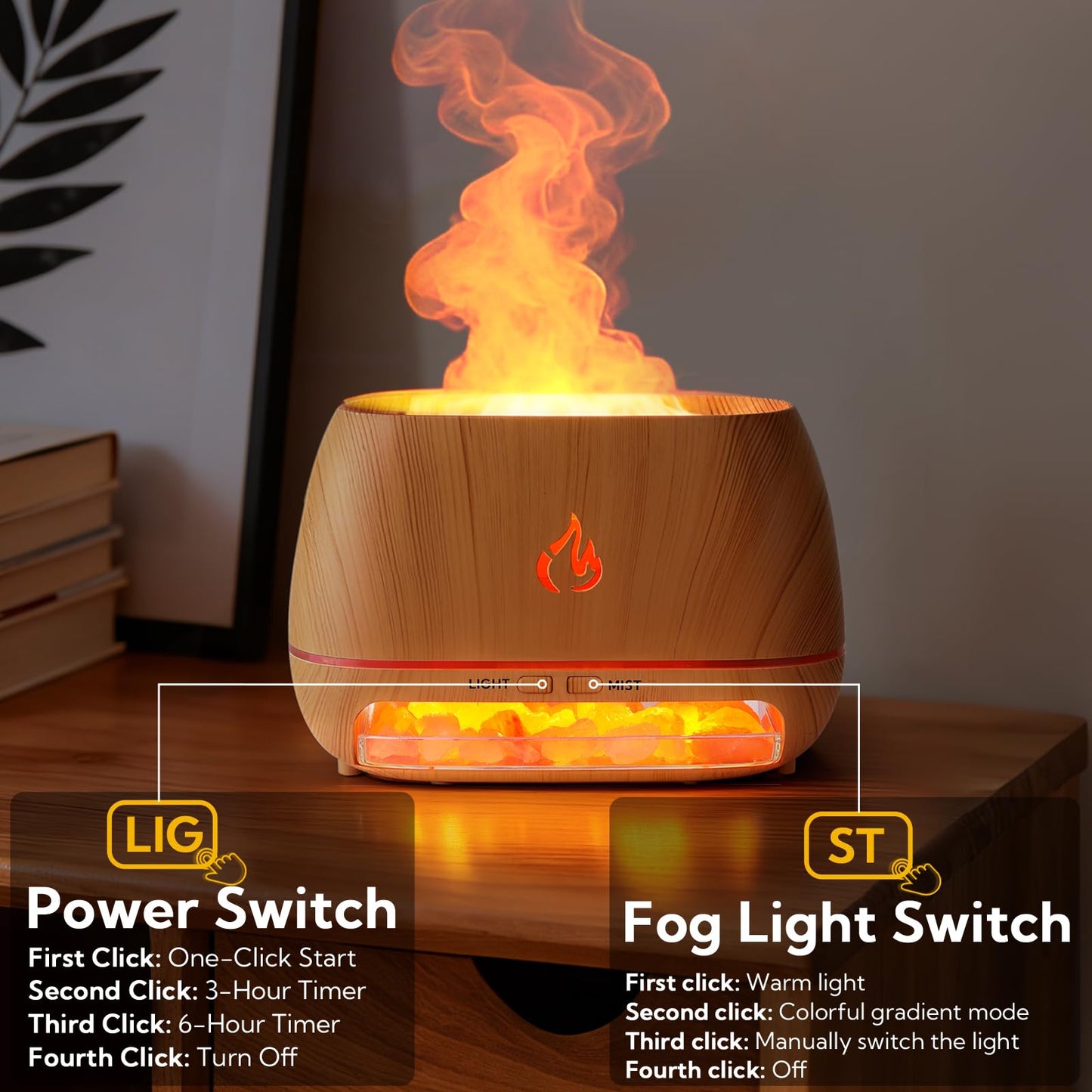 VZZNN 4 Pack Essential Oil Diffuser with Flame LED Lights | 200ml Ultrasonic Diffuser + Himalayan Salt Lamp