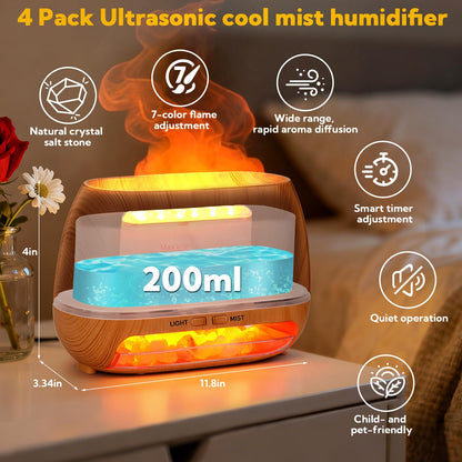 VZZNN 4 Pack Essential Oil Diffuser with Flame LED Lights | 200ml Ultrasonic Diffuser + Himalayan Salt Lamp