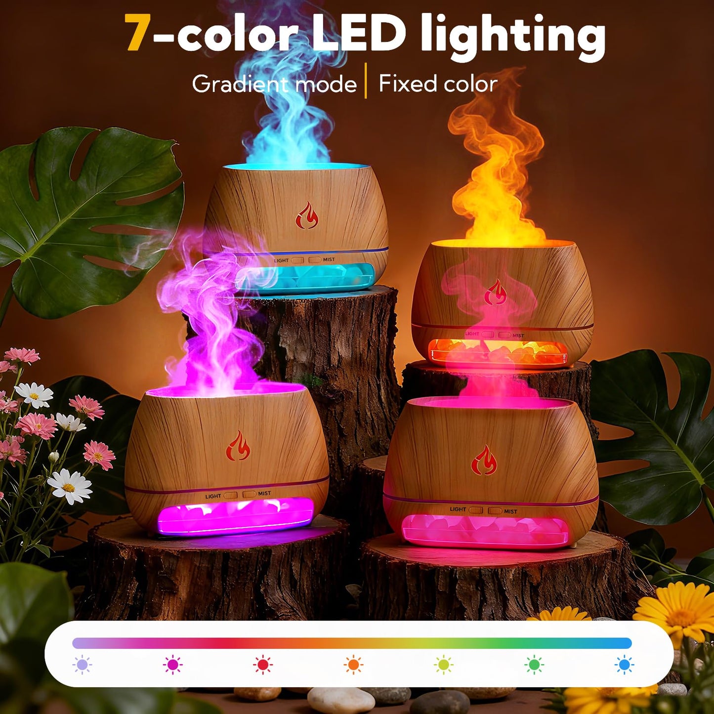VZZNN 4 Pack Essential Oil Diffuser with Flame LED Lights | 200ml Ultrasonic Diffuser + Himalayan Salt Lamp