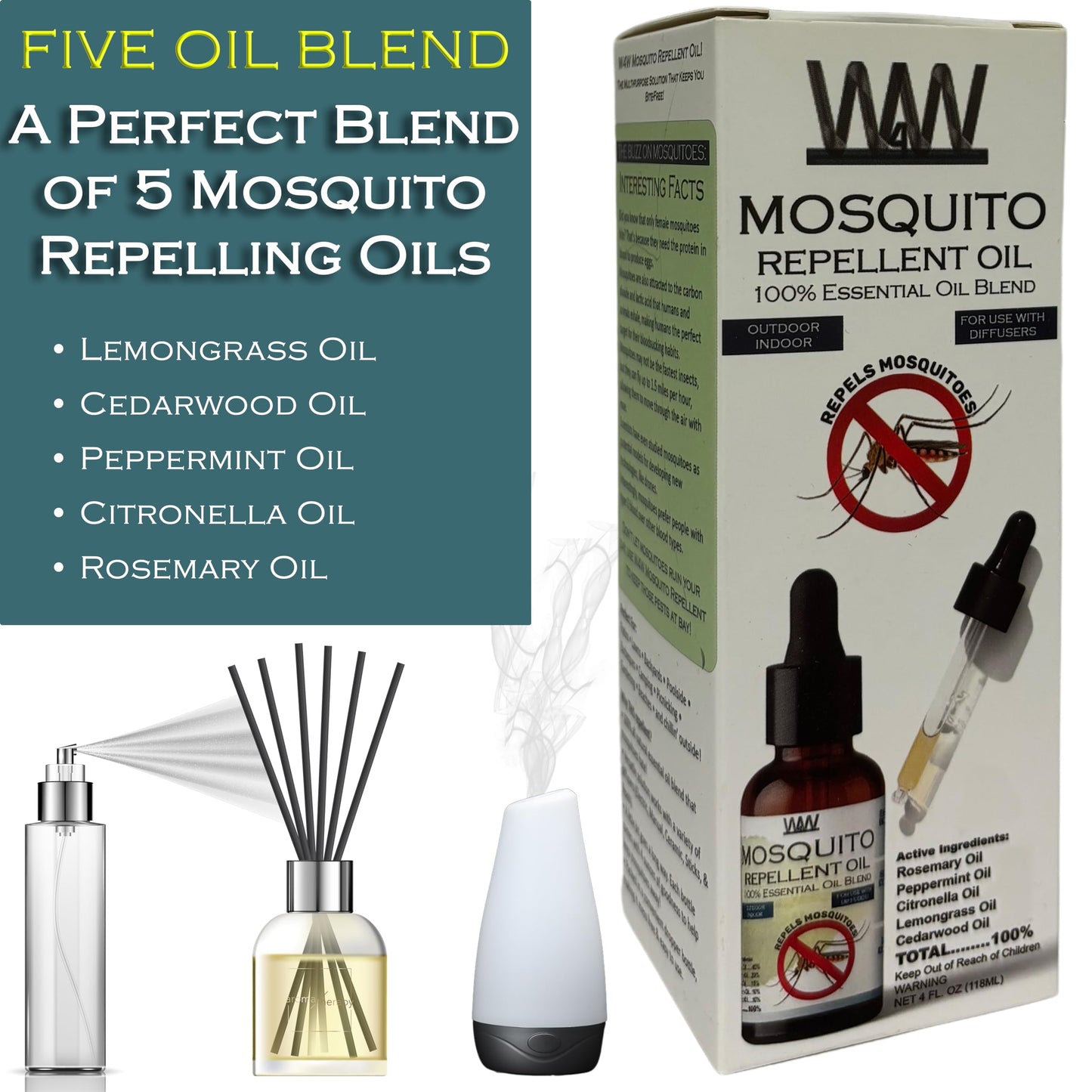 W4W Mosquito Oil – 100% Essential Oil Blend (4 oz) for Diffusers & Sprays